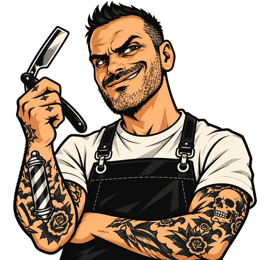 Caricatura de Pablo, el barbero, sonriendo de forma traviesa mientras sostiene una navaja barbera